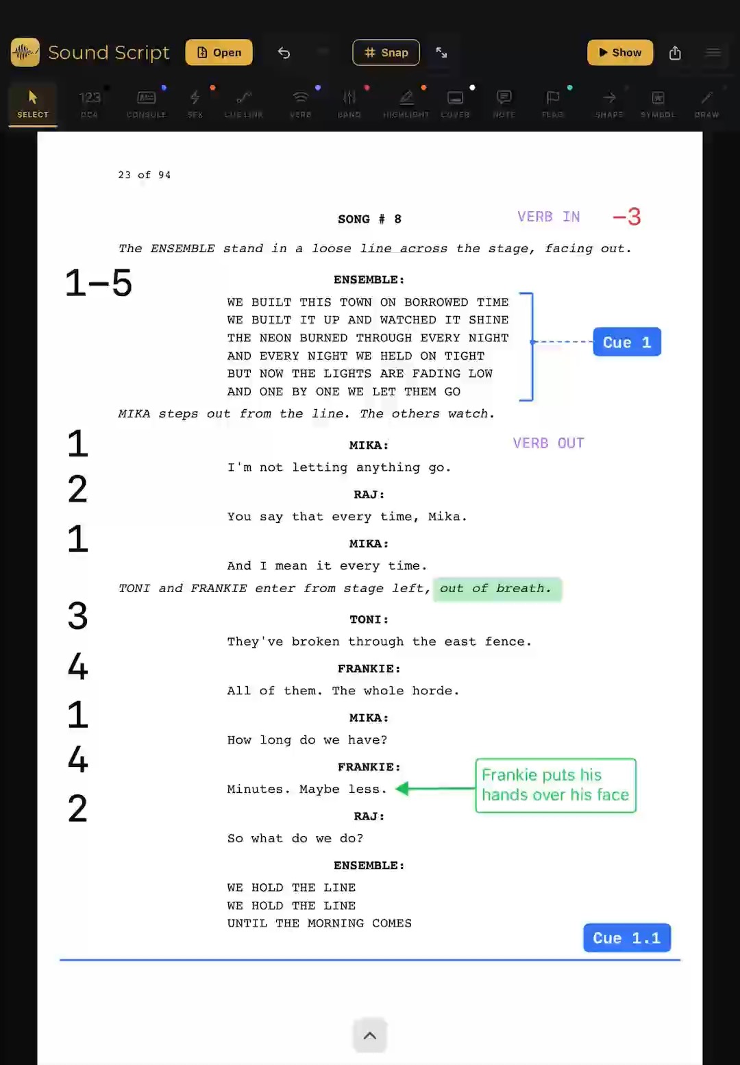 Sound Script on an iPad, a musical theatre script marked up with cues, DCAs and levels.